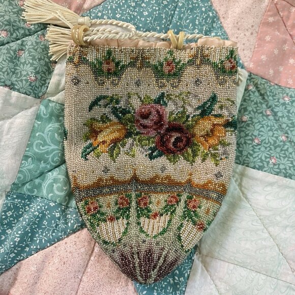 Antique Victorian Beaded Drawstring Purse Reticule Micro Beaded Floral Handbag - Picture 5 of 9
